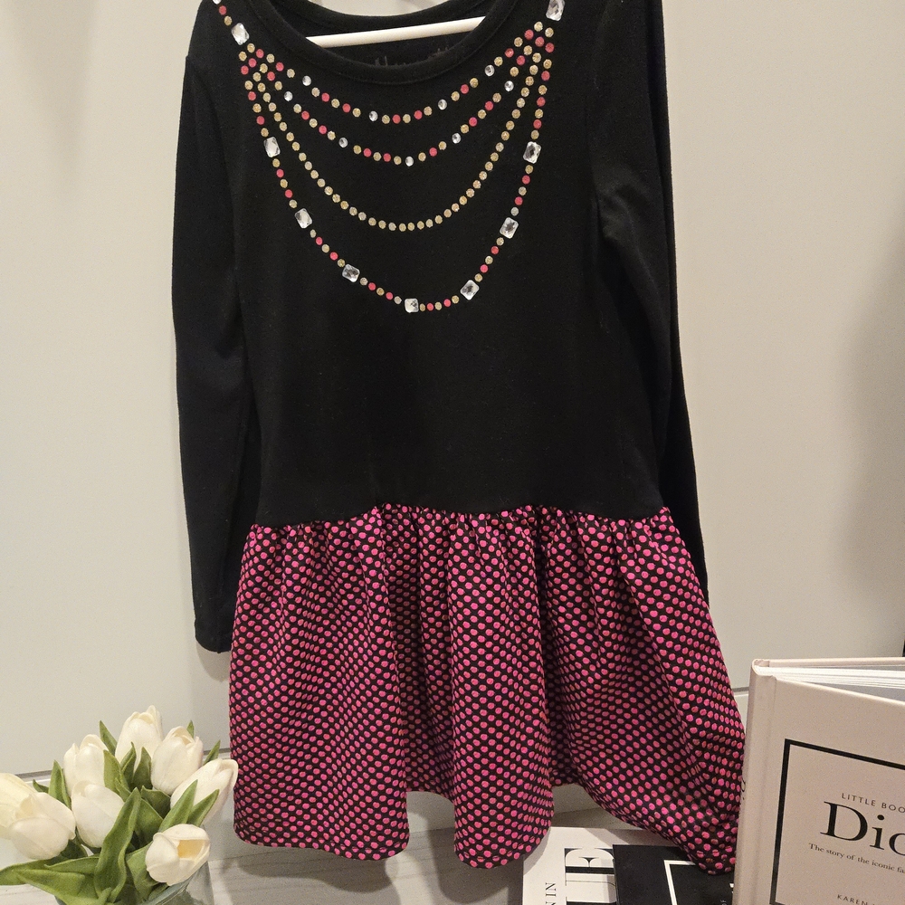 💖Nannette Little Black Dress with Gems And pink polka dots  Girls Size 5